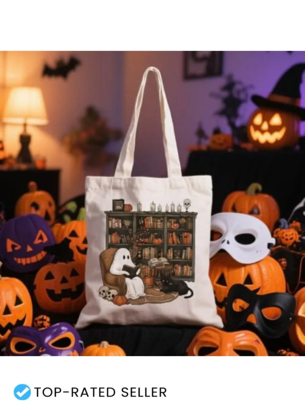 Spooky Book Lover Ghost Tote Bag Black Cat Pumpkin Skull